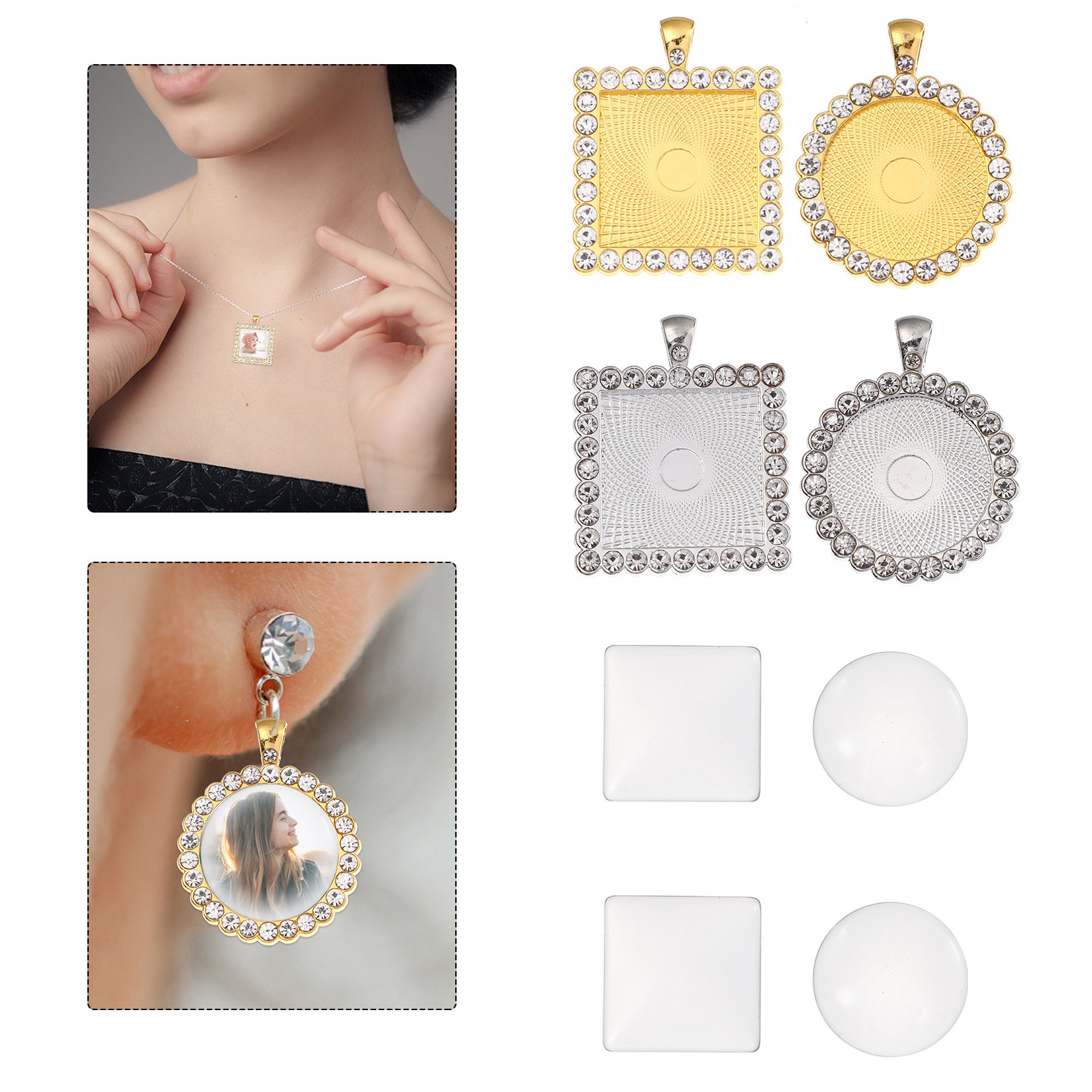 Resin Crafts Diy - ถาดใส่ต่างหูโลหะผสม 40 ชิ้น พร้อมกระจกคาโบชองสำหรับทำต่างหู DIY เรซิน
