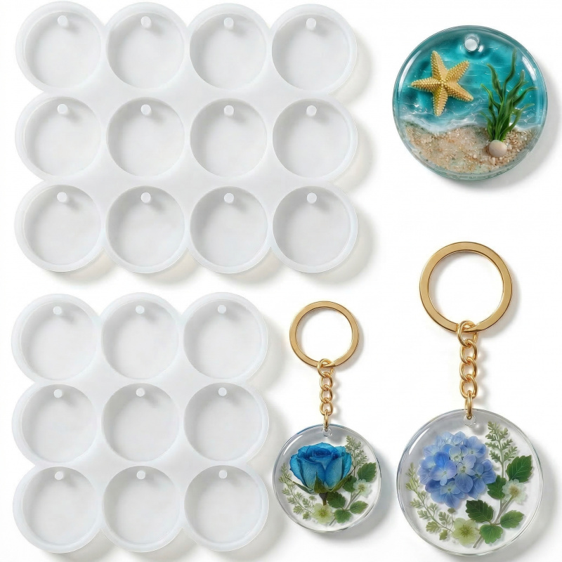 Serving Tray Mold - แม่พิมพ์พวงกุญแจเรซิ่น 2 ชิ้น, แม่พิมพ์ซิลิโคนทรงกลมแบนขนาด 3.3 เซนติเมตร