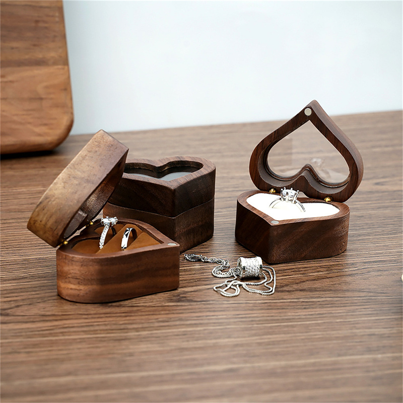 Wood Ring Blank - 1 ชิ้น กล่องใส่แหวนไม้วอลนัทรูปหัวใจ กล่องเก็บแหวนหมั้น กล่องเก็บเครื่องประดับ