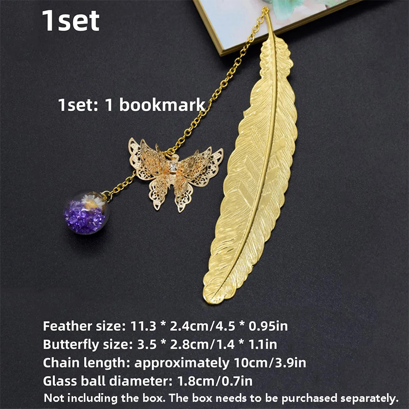 Dried Flower Bulk - ที่คั่นหนังสือโลหะลายขนนกสไตล์จีน 1 ชิ้น ดีไซน์สร้างสรรค์ ดอกไม้แห้ง ผีเสื้อ